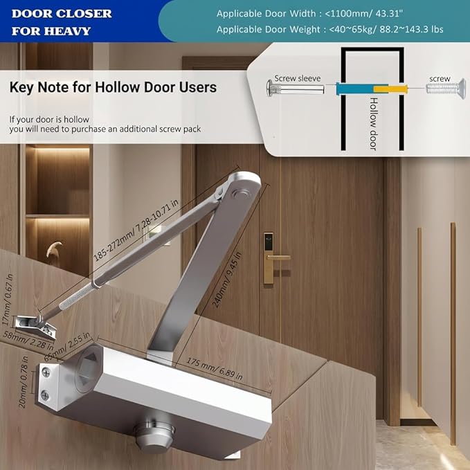 Automatic Door Closer, Adjustable Dual-Speed Hydraulic Soft Close, Silent & Anti-Slam, Anti-Rust Aluminum Body, Easy DIY Installation, Fits 88–143lb Doors 23–43in, for Home & Commercial Use