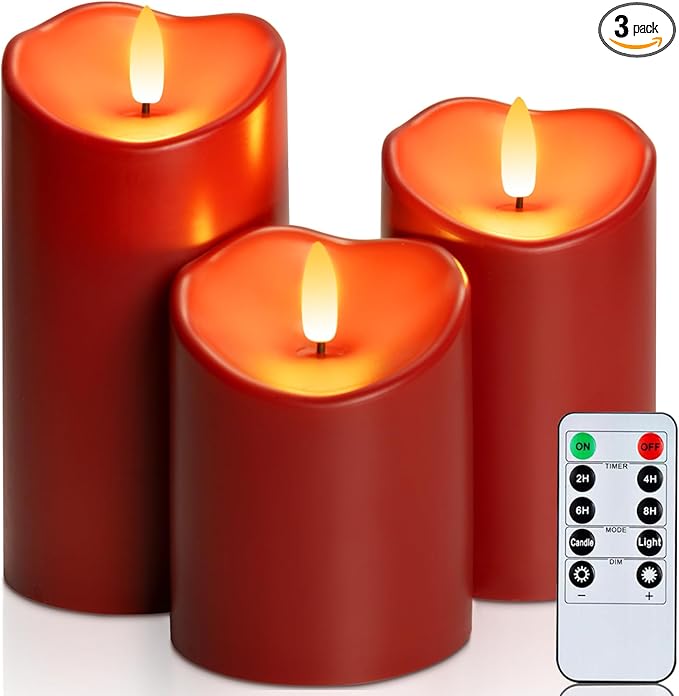 Homemory Burgundy Flameless Candles, Waterproof Flickering Flameless Candles, Outdoor Battery Operated LED Pillar Candles with Remote Timer, Electric Fake Plastic Candles, D3 x H4 5" 6", Red, 3 Pack