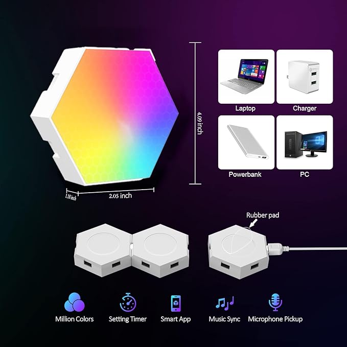STONEBROOK Smart RGB + IC Hexagon Light Panels, DIY Wall Lights with Music Sync, Alexa & Google Assistant, Wi-Fi App Control,Gaming Lights for Gaming Setup, Gaming & Bedroom Decor (10-Pack)