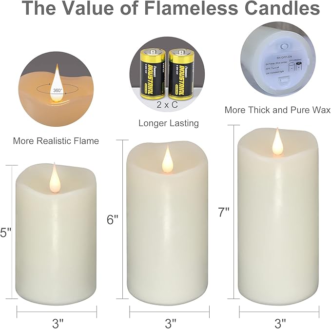 3 Pack Flickering Flameless Candles Battery Operated with Timer, 3D Moving Flame Last 1000+ Hours, Ivory Real Wax Electric LED Pillar Candle for Wedding Christmas Decorations