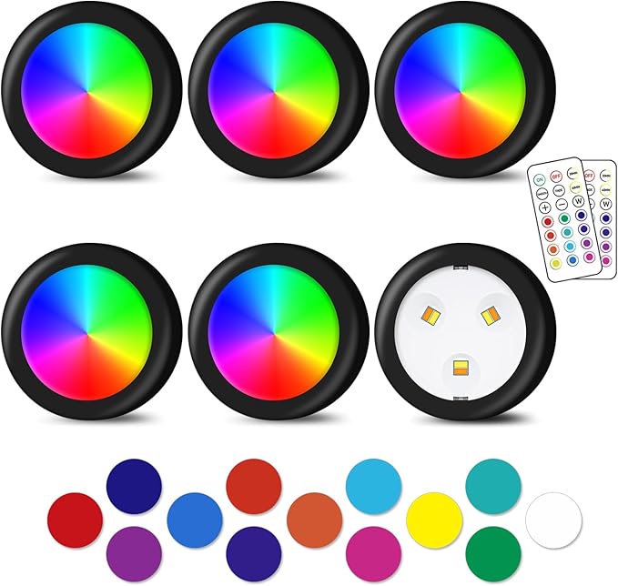Puck Lights, 13 Colors Changeable LED Puck lightings Battery Powered Dimmable Under Cabinet Lights, Battery Powered Under Counter Lights with Wireless Remote Controls for Kitchen