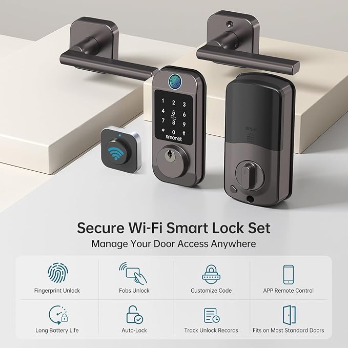 SMONET WiFi Keyless Door Lock with Handle Set – Fingerprint Smart Lock, Bluetooth Keypad Deadbolt, Remote Control via App & Alexa, Auto Lock, Code & Fob for Home Security, Gray