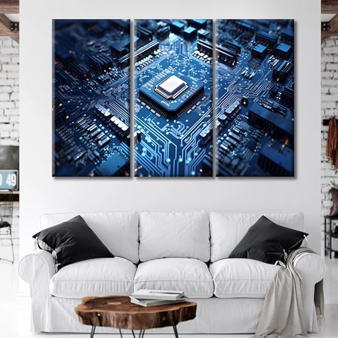 Rebotipy Technology Blue AI Wall Art Painting on Canvas 3 Panels Circuit Board Pictures Bedroom Wall Art Modern Home Decor Chip House Decorations for Living Room Stretched on Wooden Frame, 60" Wx40 H
