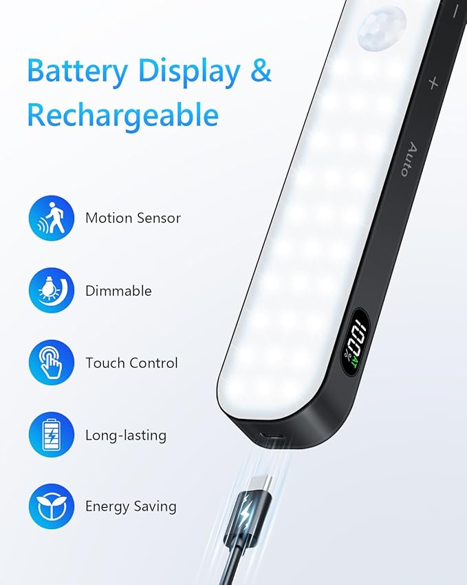 Ferswe Closet Lights Motion Sensored, Battery Level Display, Under Cabinet Lights Rechargeable, Dimmable Touch Control, 60 LED Motion Sensor Cabinet Light for Kitchen, Closet, Shelf(4 Pack)