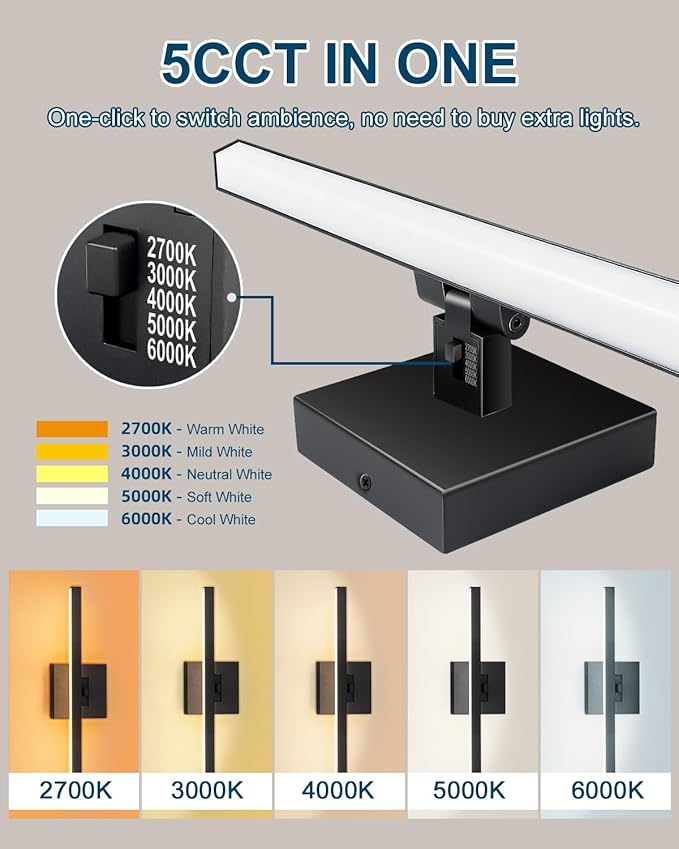 Aosclex 16 Inch Bathroom Lights Over Mirror, Rotatable, 12W 1080LM 5CCT Adjustable (2700K–6000K), Dimmable LED Bathroom Light Fixtures, IP44 Waterproof Black Modern Vanity Lights, ETL Certificated