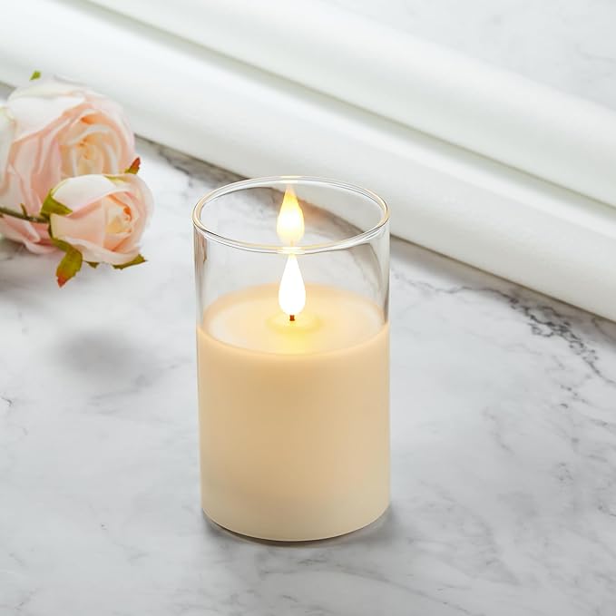 Flickering Flameless LED Candles, Battery Operated with 3D Wick, Last 1000+ Hours, Remote & Timer, Rechargeable Real Wax White Glass, Home Decor /3" x 4"