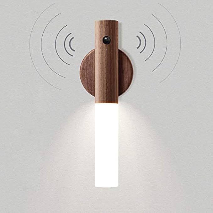 Motion Sensor Wall Lights Wood Battery Operated Sconce Light Indoor Magnetic USB Rechargeable Wireless Wall Lamp for Bedroom Hallway, Warm White 3000K