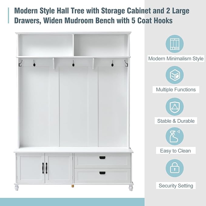 Widen Hall Tree with Bench and Shoe Storage, Modern Entryway Bench with Coat Rack, Cabinet, 2 Drawers and Shelves, Mudroom Bench with Storage and 5 Hooks for Entry Way, Hallway (White)