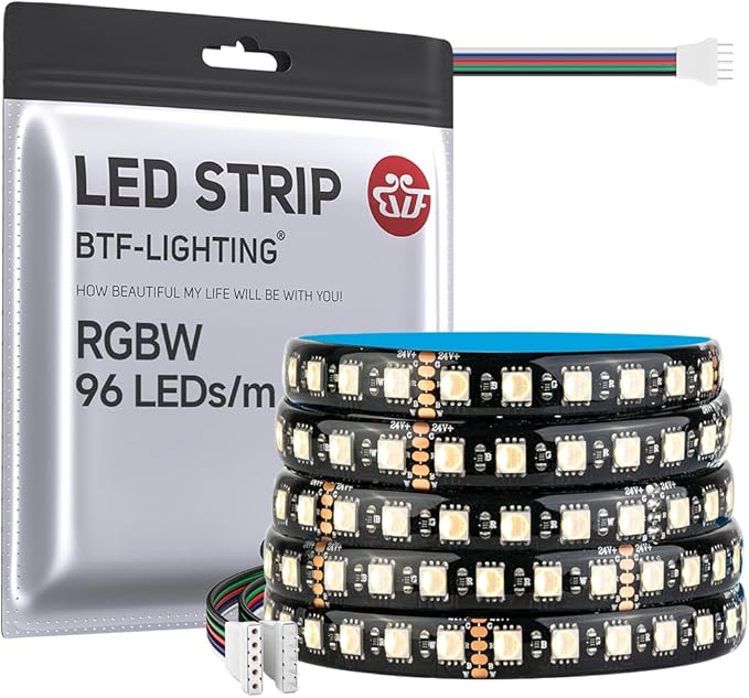 BTF-LIGHTING 5050 RGBW RGB+Warm White(2700K-3000K) 4 Colors in 1 LED 5m 16.4ft 96LED/m DC24V Multi-Colored LED Tape Lights IP65 Waterproof Black 12mm PCB for Home Decoration(No Adapter or Controller)