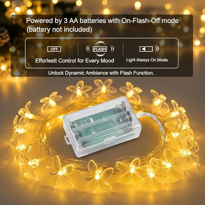 Fielegen 20 LED Cherry Blossom Flower String Lights for Bedroom, 9.84FT Battery Operated Fairy Lights Indoor Decorative Lights for Valentine's Day Home Garden Wedding Party Festival Decor