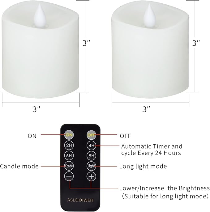 3x3 Flickering Flameless Candles Set of 2, 2AA Battery Life 600 Hours Battery Candles Flickering with Timer, 3 inch Flameless Candles with Remote for Indoor/Outdoor, White