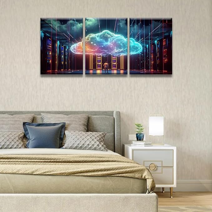 LSIUHWUWI Wall Art for Living Room Multi Panels Modern Wall Decor Cyber Security, Cloud Managed, Circuit Board Posters and Prints for Living Room Wall Decoration,Framed Ready to Hang, 12x16inchx3