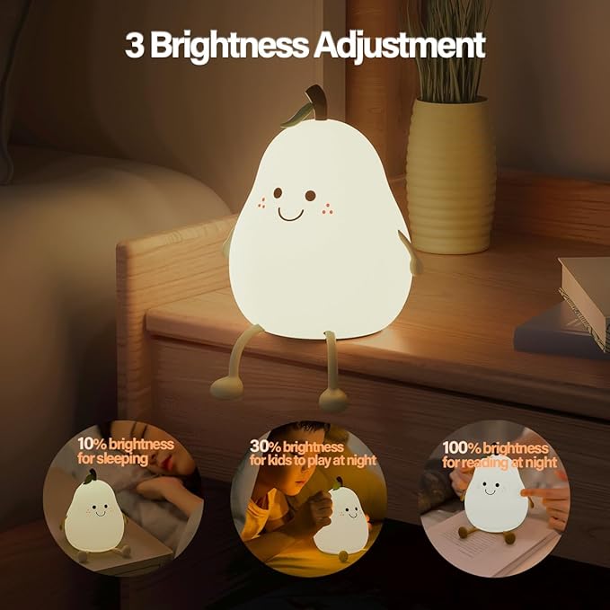 Led Cute Pear Night Light, Dimmable Nursery Lamps, Super Squishy Silicone USB Rechargeable Touch Control 7 Colors Night Lamp for Kids Adults, Used for Camping Party Room Decor(Pear)