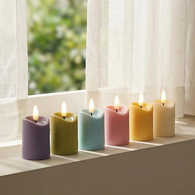 Simplelight Pastel Flameless Votive Candles with Timer, Realistic Black Wick Spring Candles Battery Operated, Battery Included, D 1.8” X H 3.1”, Set of 6 for Easter Decoration (Multi Color)