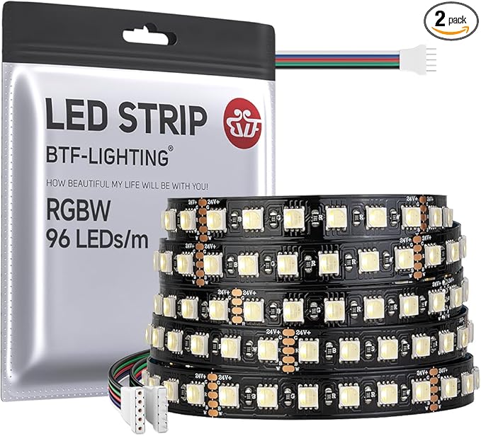 BTF-LIGHTING 5050 RGBW RGB+Warm White(2700K-3000K) 4 Colors in 1 LED 5m 16.4ft 96LED/m DC24V Multi-Colored LED Tape Lights IP30 Non-Waterproof Black PCB for Home Decoration(No Adapter or Controller)