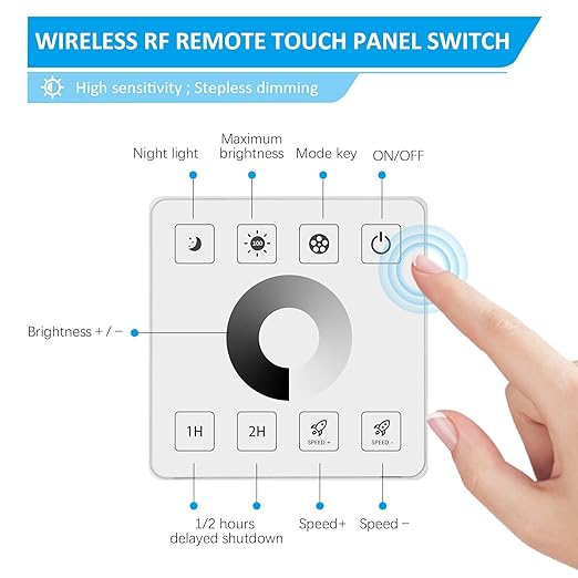 RGBZONE LED Light Strip Dimmer, RF Wireless Remote Control, Dimmable Wall Dimmer, Suitable for Single Color LED Strips, DC5V/12V/24V 30A Single Channel Dimming Controller