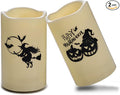 CANDLE CHOICE Outdoor Battery Operated Flameless Pillar Candles with Auto Daily Timer Waterproof Realistic Flickering Electric LED Lights with Pumpkin Witch Decals Halloween Decorations 3”X5” 2 Pack