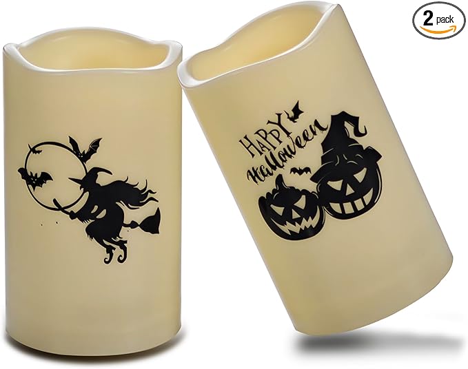 CANDLE CHOICE Outdoor Battery Operated Flameless Pillar Candles with Auto Daily Timer Waterproof Realistic Flickering Electric LED Lights with Pumpkin Witch Decals Halloween Decorations 3”X5” 2 Pack