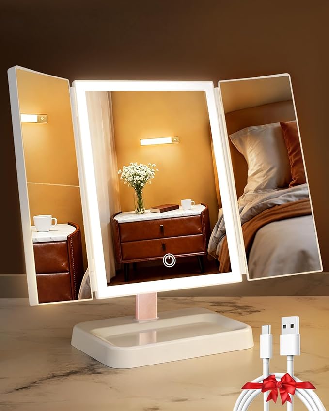 Vanity Mirror with Lights, Makeup Mirror 1X, 2X, 3X Magnification, Trifold 9" L x 14" W, Large Vanity Desk Mirror，Valentine‘s Gift for Wife, Mom, Her - Gift for Girlfriend, Women & Teens