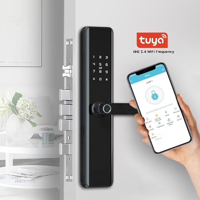 Smart Door Lock with Handle – Keyless Entry Deadbolt with Fingerprint, Touchscreen Keypad, Tuya App Control, Passcode & Key, Doorbell, Auto Lock Electronic Front Door Lock for Home Security, Black