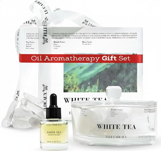 White Tea Crystal Oil Diffuser Set – Luxury Aromatherapy with Natural Stones | Spa Relaxation & Home Decor | 1.06oz