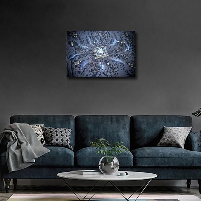 TUMOVO Circuit Board Canvas Wall Art for Living Room CPU Concept Modern Abstract Painting Internet Concept Picture for Bedroom Office Home Wall Decorations Frame Wall Decor, 18x12in