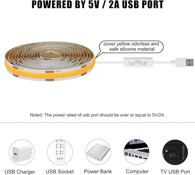 5V Yellow USB COB Led Strip Light with RF Remote, 4.92ft 2000K Dimmable USB Powered Amber COB Led Light Strip, Indoor COB Led Light for Cabinet, TV, Camping, Monitor, Showcase, Motorhome