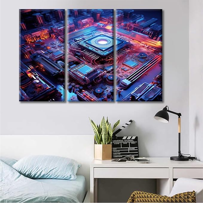 Circuit Board Pictures Canvas Wall Art Advanced Electronic Circuit Network Pictures Contemporary Wall Art 3 Pieces Chip Posters & Prints Framed Ready to Hang for Living Room Office (36"Wx24"H)