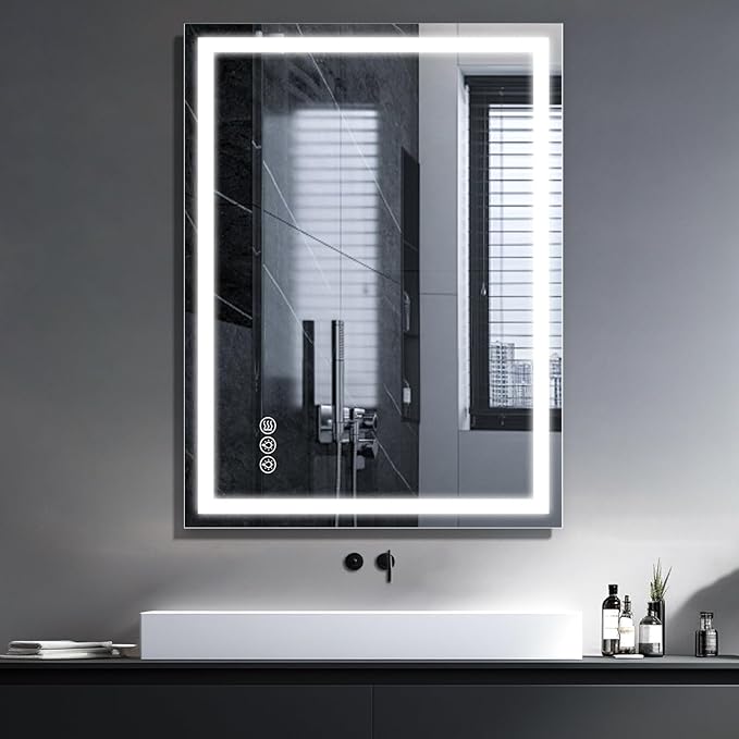 Led Bathroom Mirror with Light 24"x32" Frameless Lighted Vanity Mirror Wall Mount, Fogless, 3 Color Mode, Stepless Dimmable Front Light and Backlit, Smart Touch Sensor, Tempered Glass
