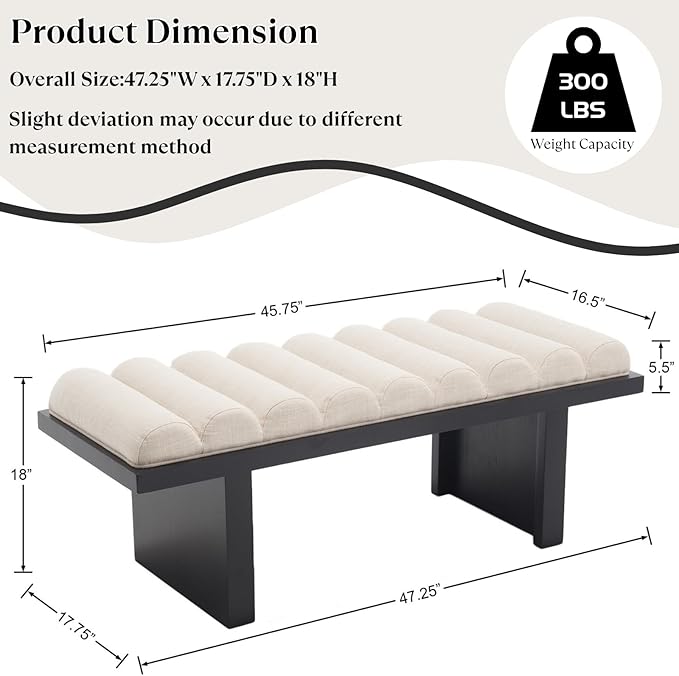 Modern Bedroom Bench, 47 Inch Upholstered End of Bed Bench Padded Entryway Bench with Cylindrical Cushion/Black Wood Legs, Wooden Ottoman Bench for Living Room, Hallway, Linen Beige