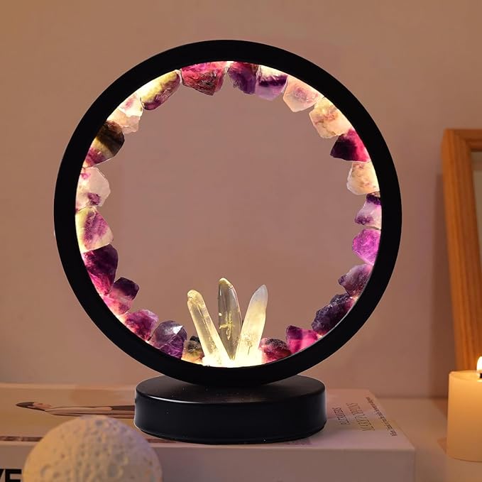 AMOYSTONE Natural Purple Fluorite Crystal Night Light, USB Rechargeable 3-Color Adjustable Lamp 7.5", Bedside Meditation Lamp for Bedroom Office Home Decor