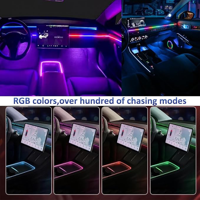 Acrylic Interior Car LED Lights with Remote and Wireless APP, Ambient Lighting Kits Fiber Optic Strip LEDs,16 Million Colors Music&DIY Function (8 in 1)