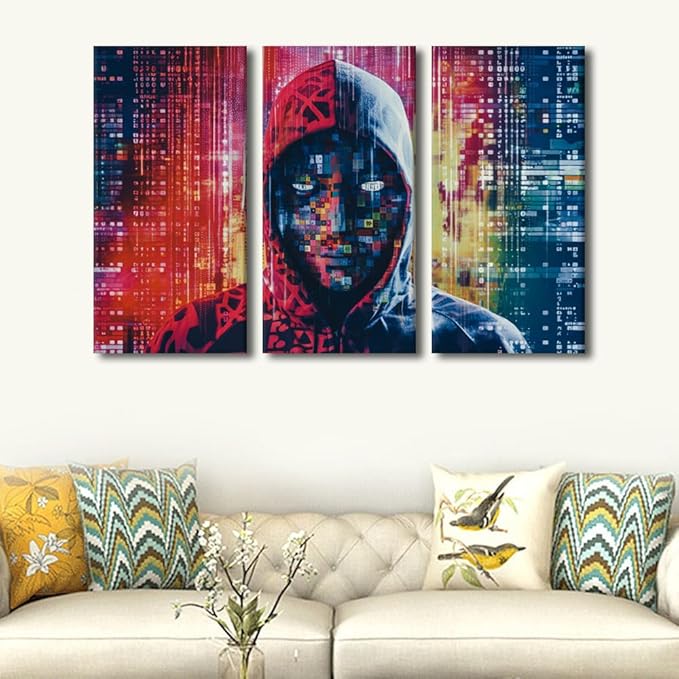 TUMOVO 3 Panel Canvas Wall Art Hacker in Mask on Dark Background with Digital Effects Pictures Print on Canvas Artwork for Home Office Decorative Stretched Framed Ready to Hang, 60" Wx40 H