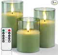 Amagic Green Glass Flameless Candles with Remote and Timer for St. Patrick's Day, Real Wax Battery Operated Candles, Flickering Electric LED Pillar Candles, Home Party Decor, Set of 3