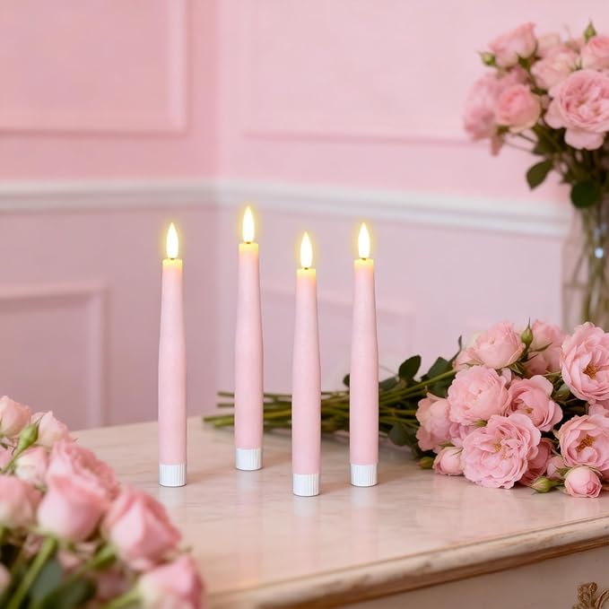 Pink Flameless Taper Candles, Spring LED Flickering Taper Candles Battery Operated with Remote Timer, 4 Pcs Flameless Candlesticks for Spring Wedding Home Decorations(D0.78” x H8.1”)