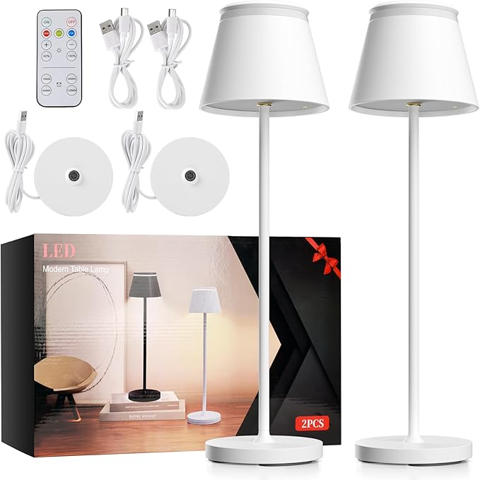 Cordless Table Lamp Set of 2 with Portable USB Rechargeable Dock, LED Wireless Touch Desk Lamps with Remote, 3 Color Stepless Dimmable, for Bedroom Night Lights Dining Outdoor Patio Restaurant