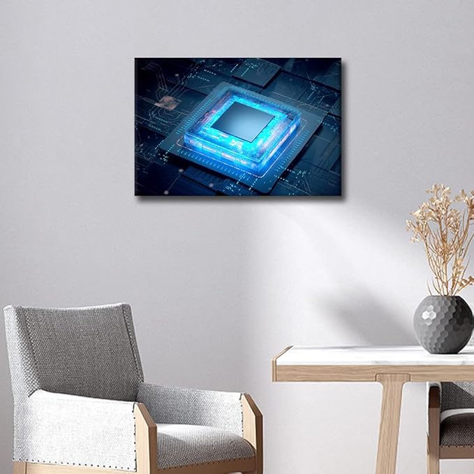 Digital Age Wall Art 1 Piece Cyberpunk AI Pictures Canvas Print CPU Concept Posters Artwork for Home Walls Internet Concept Framed Painting for Bedroom Office Decorations, 24x16in