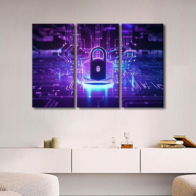 TUMOVO Large Canvas Wall Art Cyber Security Concept Picture Posters for Home Wall Decoration, Padlock on Circuit Board Neon Pictures Print On Canvas Wall Art, Ready to Hang, 60" Wx40 H