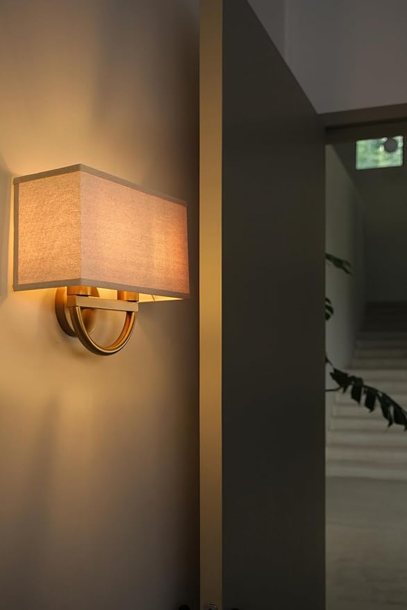 Yosoan Linen Fabric Cloth Boho Gold Brass Wall Sconce Stairwell Fixture Light, 2-Light Indoor Hardwired Dual Vanity Wall Mount Vintage Antique Metal Base Lights Square Fabric Shade for Bedside Hallway