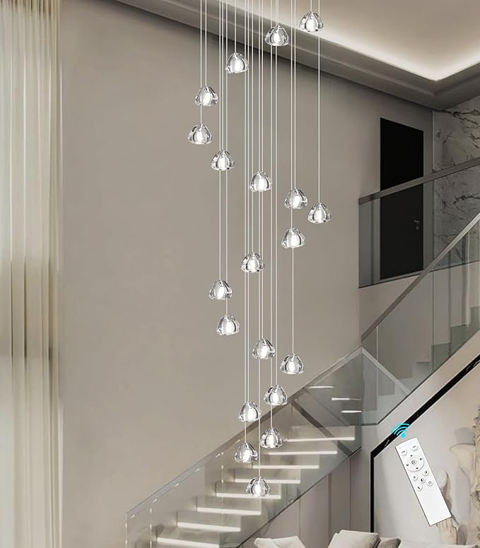 20-Lights Modern Chandeliers for Living Room Long Light High Ceiling Pendant Lights LED Dimmable Lighting Fixtures Chandelier for Foyer Entryway Polished Chrome Sloped Ceiling Install