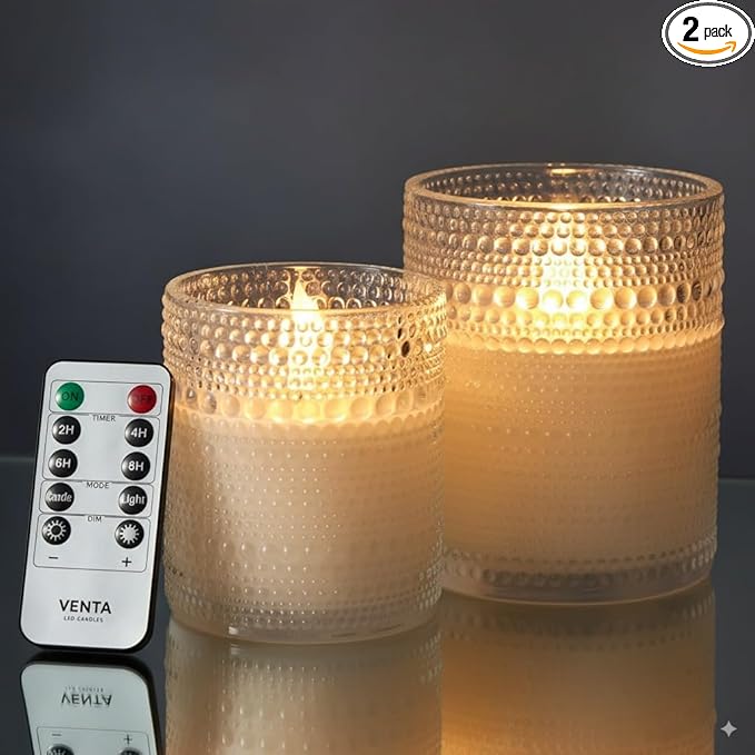 VENTA Realistic Glow Flameless Candles | Decorative Set of 2 in White Dotted Glass with Remote & Timer | Decorative Table Lamp