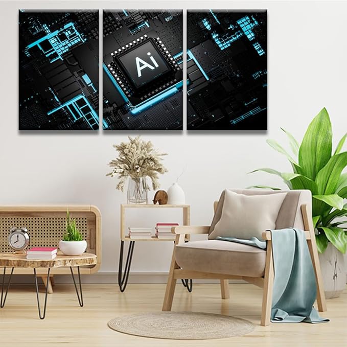 LSIUHWUWI 3 Panel Wall Decor CPU Pictures Posters, Artificial Intelligence Processor Smart Microchip Wall Art for Living Room Bedroom Decoration, Ready to Hang, 16x24inchx3