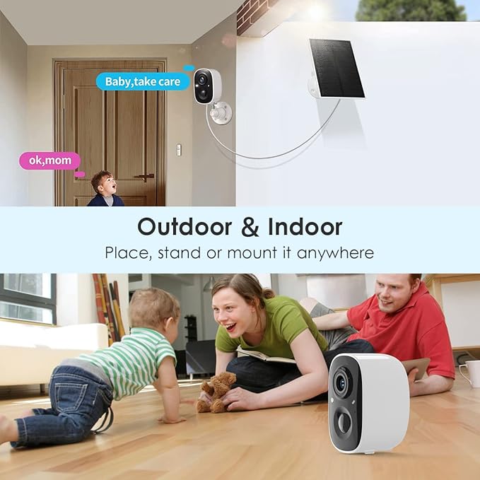 GMK Solar Security Camera Wireless Outdoor, with Solar Panel 2K Color Night Vision Motion Detection 2-Way Talk Battery Powered 3MP WiFi Home Indoor Camera IP65 Weatherproof Cloud/SD Storage