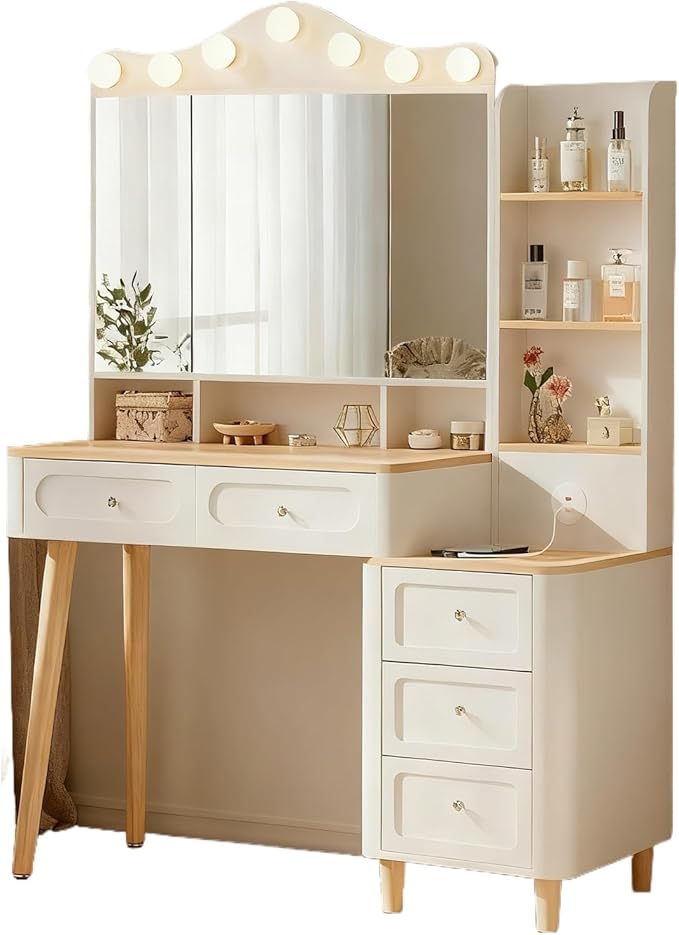 Vanity Desk with Mirror and Lights,Makeup Vanity with 2 USB Power Strip,Vanity Set with Two Drawers and Three-drawer Chest, 3 Lighting Modes Adjustable Brightness, Foldable Three-sided Mirror(White)