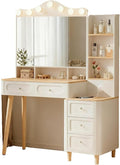 Vanity Desk with Mirror and Lights,Makeup Vanity with 2 USB Power Strip,Vanity Set with Two Drawers and Three-drawer Chest, 3 Lighting Modes Adjustable Brightness, Foldable Three-sided Mirror(White)