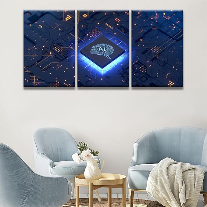 LSIUHWUWI Wall Art Painting Artificial Intelligence, Artificial Intelligence Concept Pictures Print on Canvas 3 Panel Canvas Wall Art AI Artwork Ready to Hang 16x24inchx3