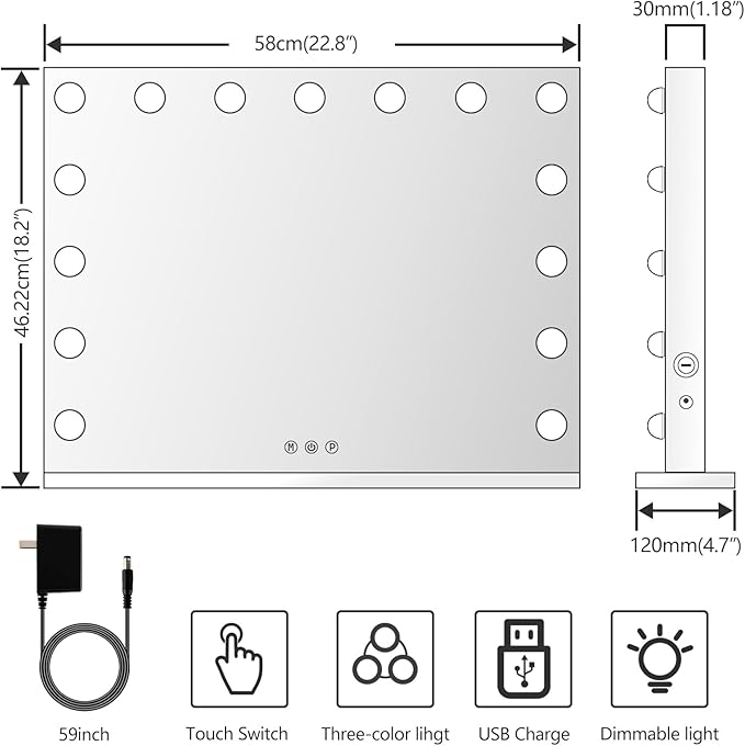 Vanity Mirror with Lights, 15 Dimmable LED Bulbs Large Hollyhood Makeup Mirror, Light up Mirror with 10X Magnification and USB Charging Port, Smart Touch 3 Colors, Metal Frame