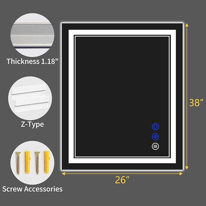 38"x26" LED Bathroom Mirror with Anti-Fog, Stepless Dimmable Lights, 3 Color Modes, Shatter-Proof Tempered Glass,Waterproof Design