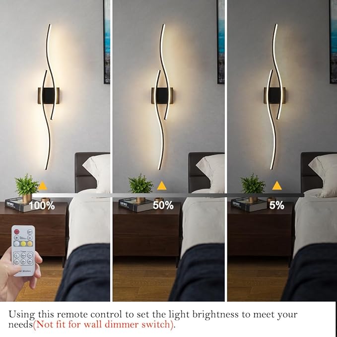 Hardwired Modern Wall Sconce set of Two with Remote Control, Dimmable LED Wall Sconces Lighting set of 2, Big Size Black Wall Light, LED Wall Lamp for Bedroom Living Room Bathroom 40.5" Length