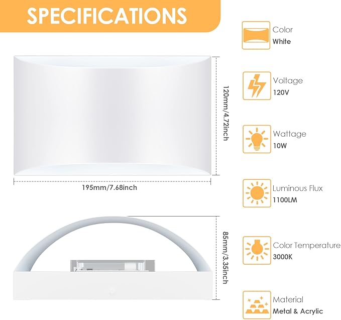 FOLKSMATE Modern LED Wall Sconces Set of 2, 3000K Warm White Up and Down Mount Light, White Hardwired Interior Wall Lights Lamp for Indoor Living Room Bedroom Hallway Basement Stairway